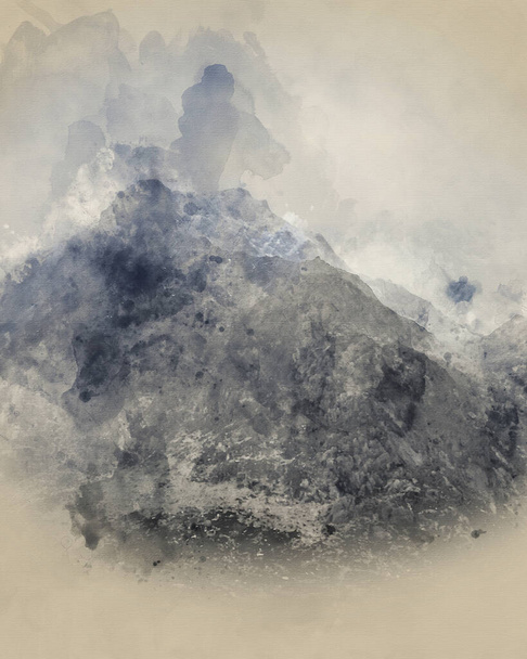 Цифровая акварельная живопись Потрясающего капризного драматического зимнего пейзажа горного изображения заснеженного Y Garn в Сноудонии - Фото, изображение