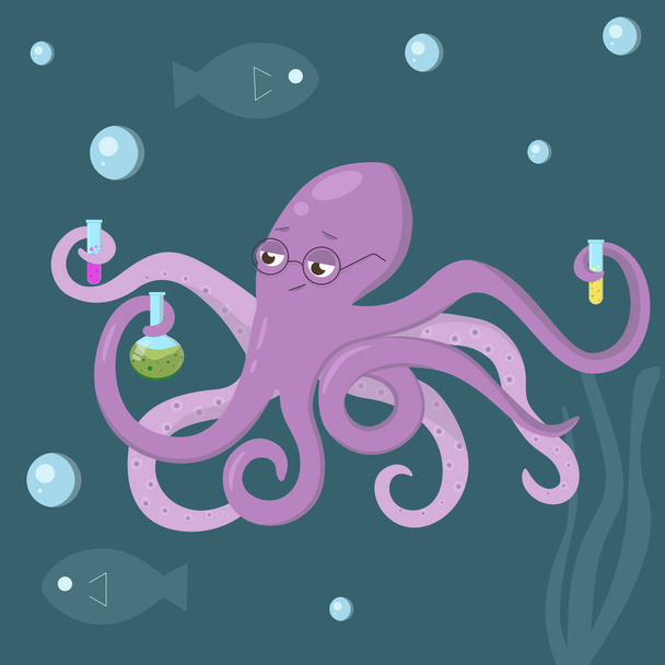 Octopus scientist with test tubes.  - Vector, Image