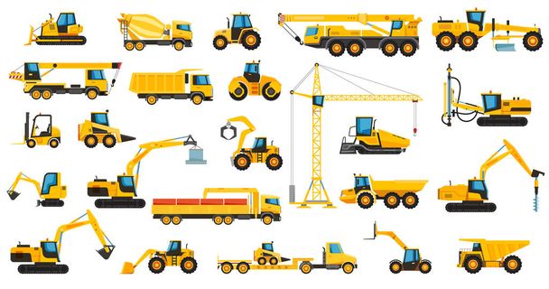Set van bouwmachines kraan bulldozer en graafmachine - Vector, afbeelding