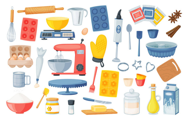 Мультфильм приготовления инструментов и выпечки ингредиенты коллекции - Вектор,изображение