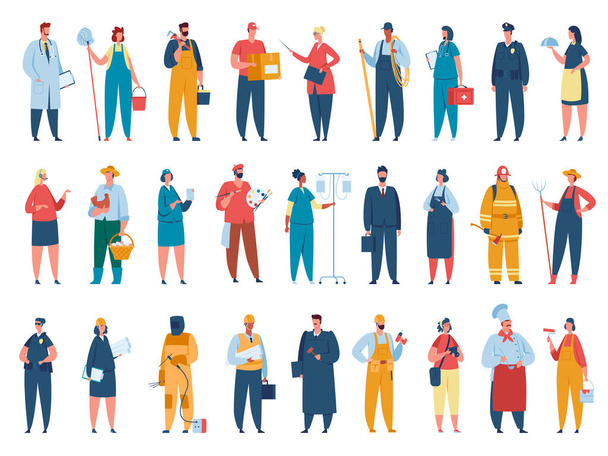 People of different professions in uniform doctor and firefighter, businessman and policeman - Vector, Image