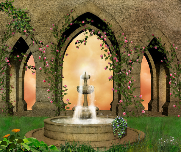 Jardin médiéval avec fontaine
 - Photo, image