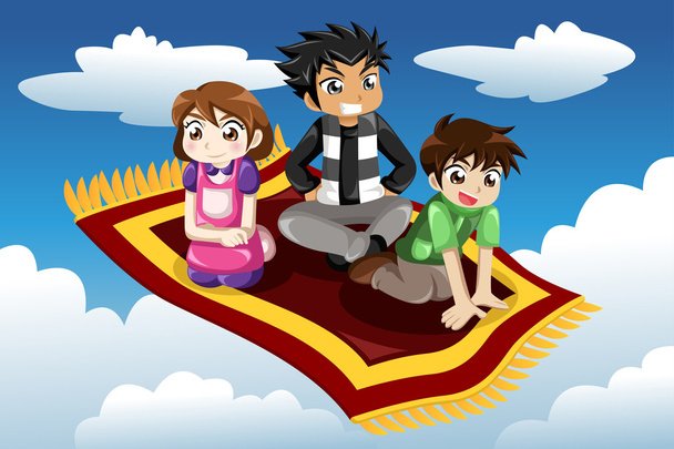 Kids riding on a flying carpet - Vector, Image
