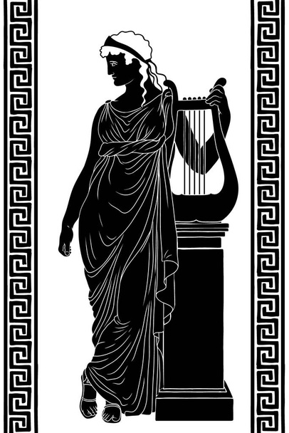 Una antigua mujer griega en una túnica con un arpa se encuentra cerca de un pedestal. Figura femenina aislada sobre fondo blanco. - Vector, imagen