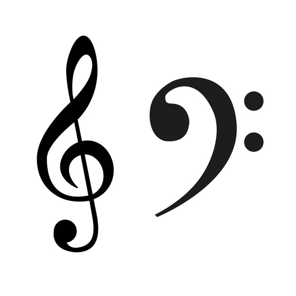 Treble clef and musical note in black on a white background - Vector, Image