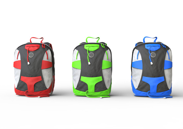 Red, green, and blue backpacks - Photo, Image