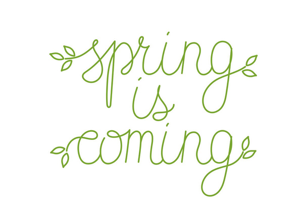Hand drawn line art spring is coming lettering text. Lettering spring season with leaf for greeting card, invitation template, poster and banner. - Vector, Image