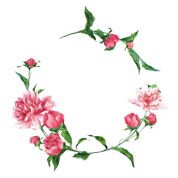 Watercolor floral wreath with peonies, buds and leaves isolated on white background. Hand-drawn romantic illustration perfect for design wedding and Valentine's Day greetings, invitation cards. - Photo, Image