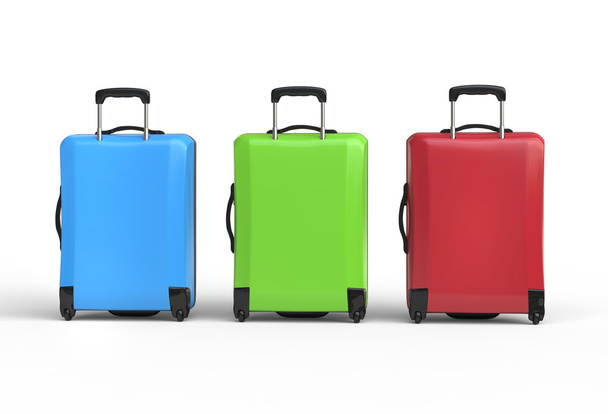 Синий, замораживающий и красный пластиковые чемоданы для багажа - вид сзади
 - Фото, изображение