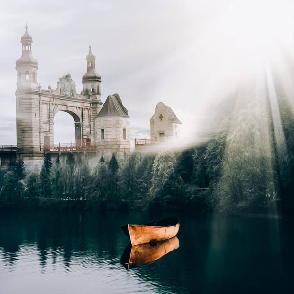 Une matinée ensoleillée sur le lac près de l'ancien château. Illustration 3D. Imitation de peinture à l'huile. - Photo, image