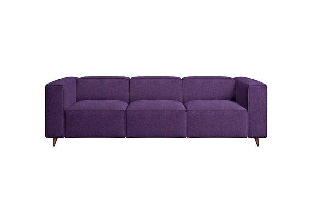 Фиолетовый тканевый диван на деревянных ножках изолирован на белом фоне с вырезкой дорожки. Серия мебели - Фото, изображение