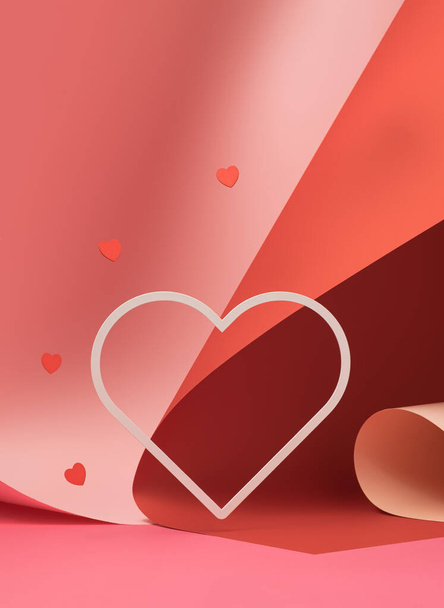 カラフルな背景に赤いハートが浮かぶ白いハート型のフレーム。恋愛バレンタインの幾何学的背景が好き. - 写真・画像