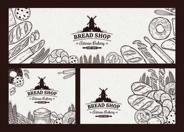 Bandeiras de padaria vintage com produtos de padaria desenhados à mão. Pão e padaria ilustrações, ícones de comida vetorial - Vetor, Imagem