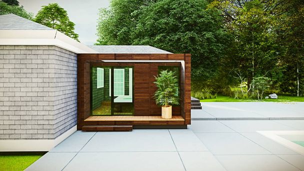 3D render of Modern hot tup and spa wooden cover - Photo, Image