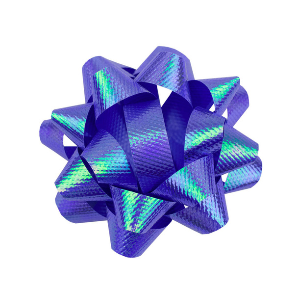 eine Kollektion von Schleifen aus blauem und blauem lila Band, hervorgehoben auf weißem Hintergrund. - Foto, Bild