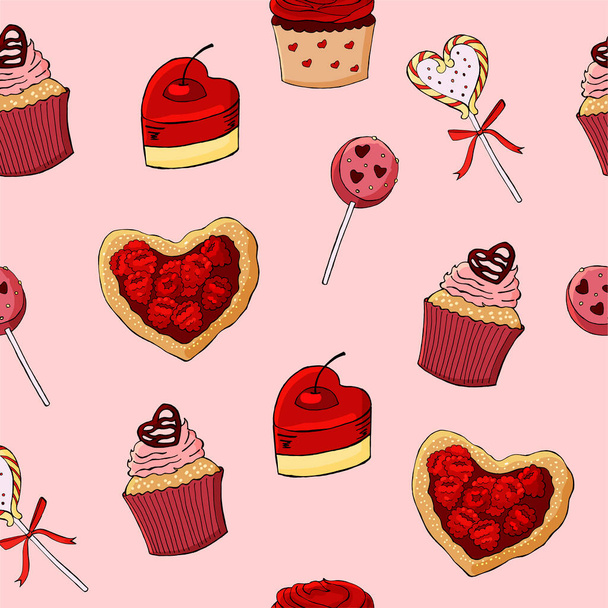 Patrón sin costuras con diferentes cupcakes sobre un fondo rosa. Pasteles dulces decorados con corazones, cereza, flores y piruletas. - Vector, Imagen