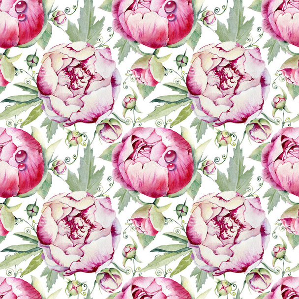 Seamless pattern with flowers peonies, roses, dew drops. Handmade watercolor illustration. Design for wedding background, template, invitation, fabric, wallpaper, wrapping wrapper - Фото, изображение