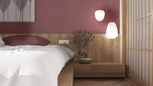 Minimalistická ložnice v japonském stylu v bílém a červeném tónu, parketová podlaha, manželská postel s polštáři a přikrývkou, květované bonsaje, zblízka, lampy, moderní design interiéru - Fotografie, Obrázek