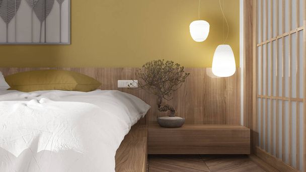 Dormitorio minimalista en estilo japonés en tonos blanco y amarillo, suelo de parquet, cama de madera doble con almohadas y edredón, bonsái floreado, primer plano, lámparas, diseño interior moderno - Foto, Imagen