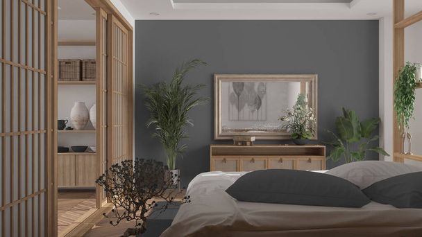 Minimalistyczna sypialnia w stylu japońskim w odcieniach bieli i szarości, parkiet, podwójne drewniane łóżko, poduszki i kołdra, kwiaty bonsai, zbliżenie, przesuwne drzwi, nowoczesny wystrój wnętrza - Zdjęcie, obraz