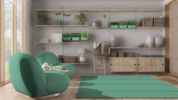 Minimalista nappali japán stílusban, fehér és türkiz színben, fotel, szőnyeg és parketta padló. Fa könyvespolc növényekkel, dekorációval. Pihenés koncepció, modern belsőépítészet - Fotó, kép