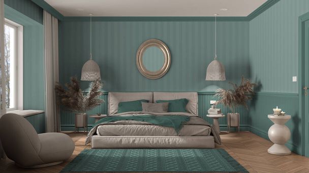 Modern minimalist mobilyalarla turkuaz tonlarda zarif bir yatak odası. Herringbone parke, yastıklı yatak, kolye lambaları ve ayna. Duvar kağıdı ve halı. Klasik iç tasarım - Fotoğraf, Görsel