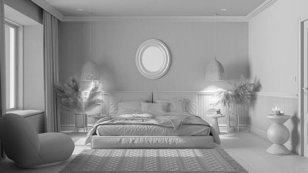 Tamamen beyaz proje, modern minimalist mobilyaları olan zarif bir yatak odası. Parke, yastıklı çift kişilik yatak, kolye lambaları ve ayna. Duvar kağıdı ve halı. Klasik iç tasarım - Fotoğraf, Görsel