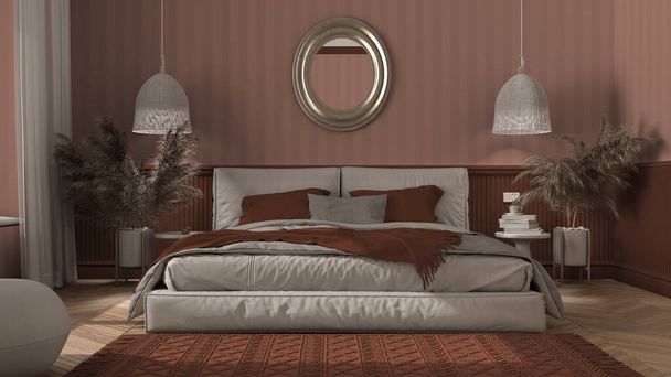 Modern minimalist mobilyalarla turuncu renkte şık bir yatak odası. Herringbone parke, yastıklı çift kişilik yatak, kolye lambaları ve ayna. Duvar kağıdı ve halı. Klasik iç tasarım - Fotoğraf, Görsel