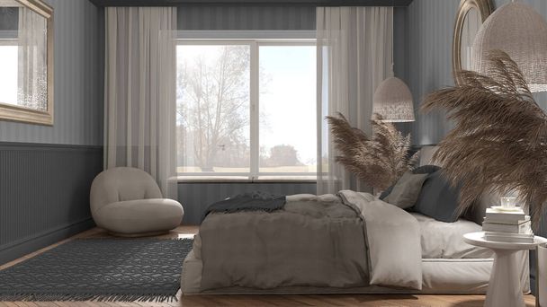 Elegante dormitorio en tonos grises con muebles minimalistas modernos. Gran ventana, parquet, cama doble con almohadas, lámparas colgantes y espejo. Fondo de pantalla y alfombra. Diseño de interiores clásico - Foto, Imagen