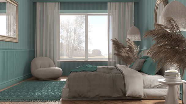 Elegante dormitorio en tonos turquesa con muebles minimalistas modernos. Gran ventana, parquet, cama doble con almohadas, lámparas colgantes, espejo. Fondo de pantalla y alfombra. Diseño de interiores clásico - Foto, Imagen