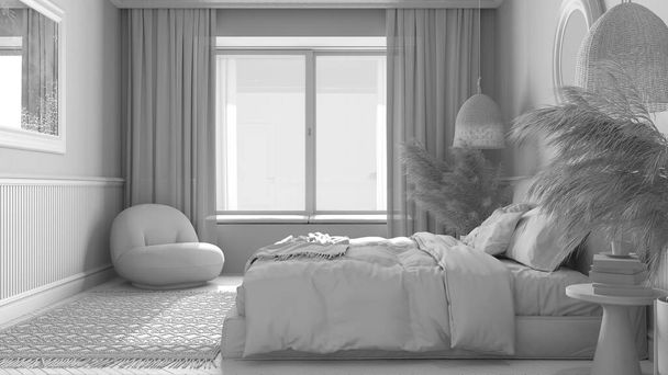 Tamamen beyaz proje, modern minimalist mobilyaları olan zarif bir yatak odası. Parke, yastıklı çift kişilik yatak, büyük pencere ve ayna. Duvar kağıdı ve halı. Klasik iç tasarım - Fotoğraf, Görsel