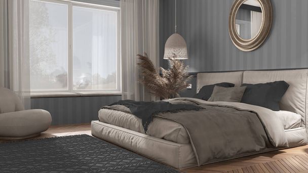 Elegante dormitorio en tonos grises con muebles minimalistas modernos. Parquet de espiga, cama doble con almohadas, lámparas colgantes y espejo. Fondo de pantalla y alfombra. Diseño de interiores clásico - Foto, Imagen