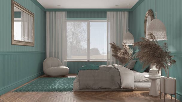 Modern minimalist mobilyalarla turkuaz tonlarda zarif bir yatak odası. Büyük pencere, parke, yastıklı çift kişilik yatak, kolye lambaları, ayna. Duvar kağıdı ve halı. Klasik iç tasarım - Fotoğraf, Görsel