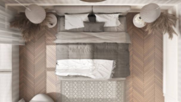 Размытый фон, элегантная спальня с современной минималистской мебелью. Паркет, двуспальная кровать с подушками, большое окно и зеркало. Обои. Классический дизайн интерьера, вид сверху, план сверху - Фото, изображение