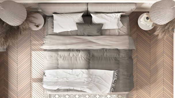 Modern minimalist mobilyaları olan zarif bir yatak odası. Herringbone parke, yastıklı çift kişilik yatak, kolye lambaları. Duvar kağıdı ve halı. Klasik iç tasarım, üst görünüm, plan, yukarıda - Fotoğraf, Görsel