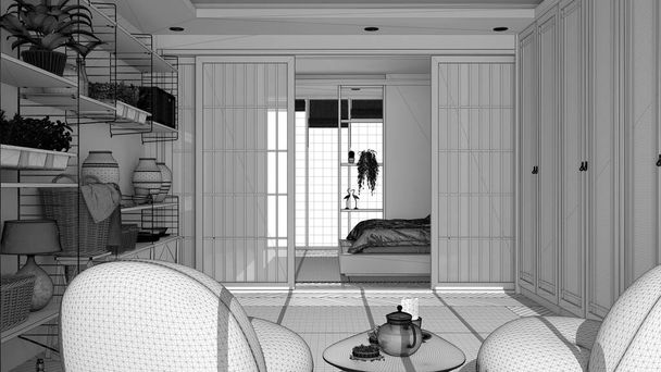 未完成のプロジェクトは、背景にアームチェア、寄木細工、寝室、ベッド、スライドドアとパノラマの窓、モダンなインテリアデザインと日本スタイルのミニマリストのリビングルーム - 写真・画像