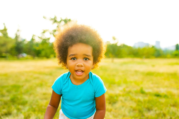 multicultural beautiful little girl with curly afro hair in park - Foto, Imagen