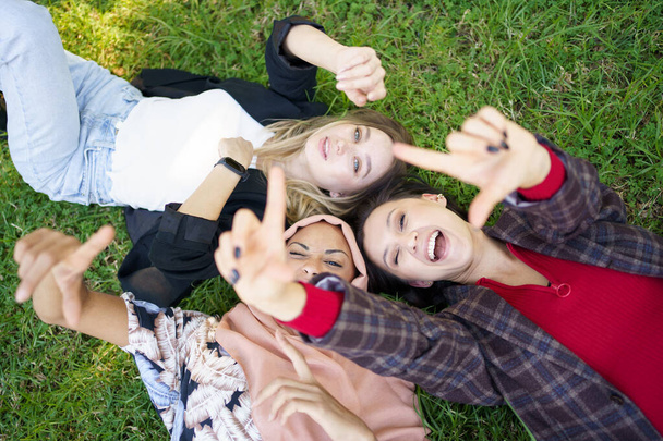 Cheerful ladies gesturing camera while lying on grass - Photo, Image