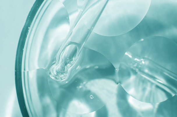 Close-up - de structuur van de gel. Transparante cosmetische gel in een petrischaal. Laboratoriumonderzoek en ontwikkeling van cosmetica voor lichaamsverzorging - Foto, afbeelding