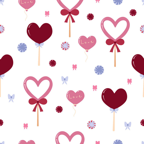 Beautiful seamless pattern for Valentines Day February 14. Festive decor. Sweet gifts, heart lollipops, bows. Vector illustration in flat and cartoon style in pink and lilac color - Vector, Image