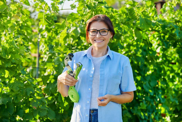 Woman farmer with tying stapler tool in vineyard. - Fotó, kép