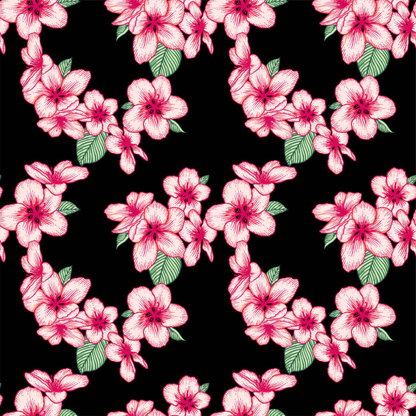 Beautiful seamless dark floral pattern with pink apple flowers over black. Nature botanical vector background illustration. Stock graphic design. - Вектор, зображення