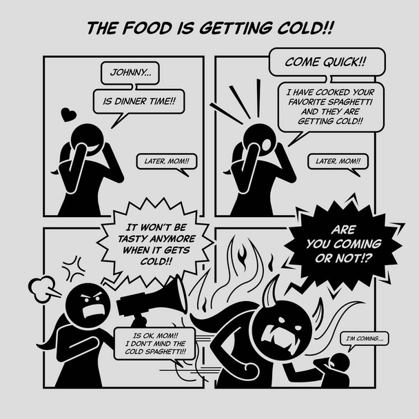 Funny comic strip. The food is getting cold. Mother calling her son to eat food, but kid kept saying later. Woman got angry and turned into monster. Comic depicts tolerant and intolerant. - Vector, Image