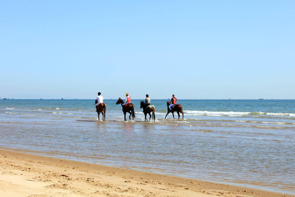Rennpferd und Jockey galoppieren am Strand, Rennpferde und Jockeys wetteifern am Strand - Foto, Bild