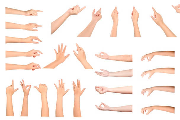 vrouw hand gebaren geïsoleerd op witte achtergrond. - Foto, afbeelding