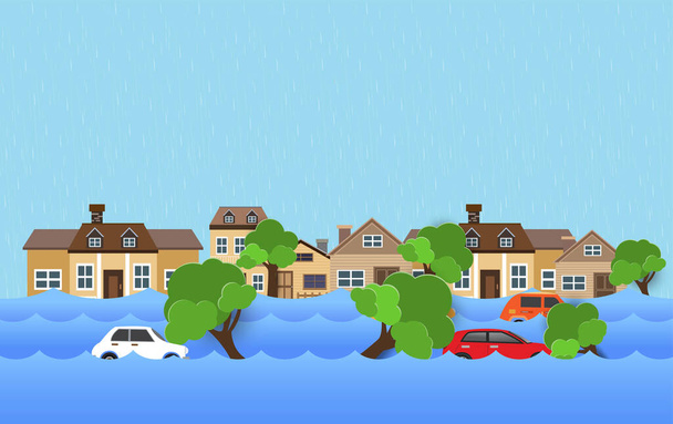 Flood natural disaster with house. - Vektor, kép