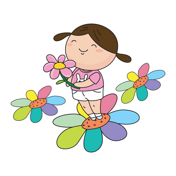 Cartoon little cute girl in pink dress holding flower, illustrator vector cartoon drawing - Vektori, kuva