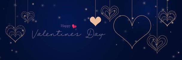 Happy Valentines day background. Golden heart lines hanging with string on blue background. Vector illustration - Vektor, Bild