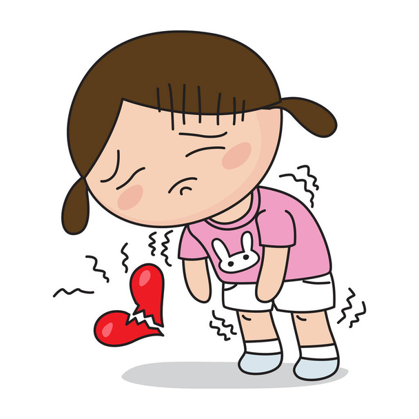  Карикатура грустная маленькая симпатичная девочка с разбитым сердцем, иллюстратор векторного рисунка - Вектор,изображение