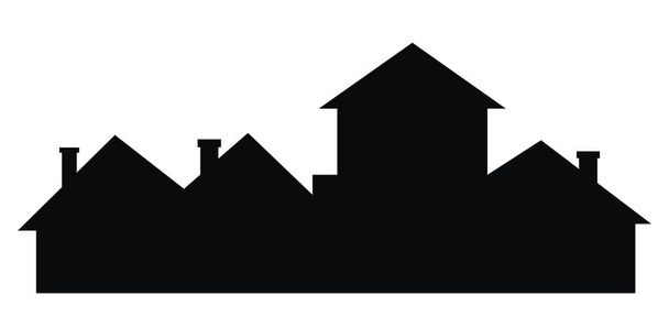 Stad, daken en schoorstenen, groep huizen, vectoriconen, zwart silhouet - Vector, afbeelding